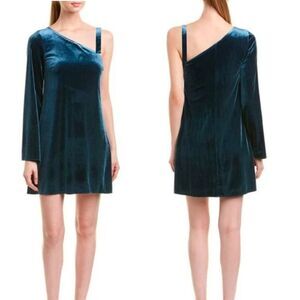 Skies Are Blue Peacock Teal One-Shoulder Bell Sleeve Velvet Dress Womens XS
